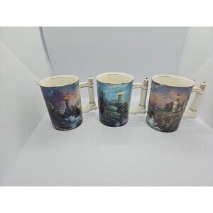 3‎ Thomas Kinkade  Split Rock Lights , Victorian Light, Rock of Salvation Mugs